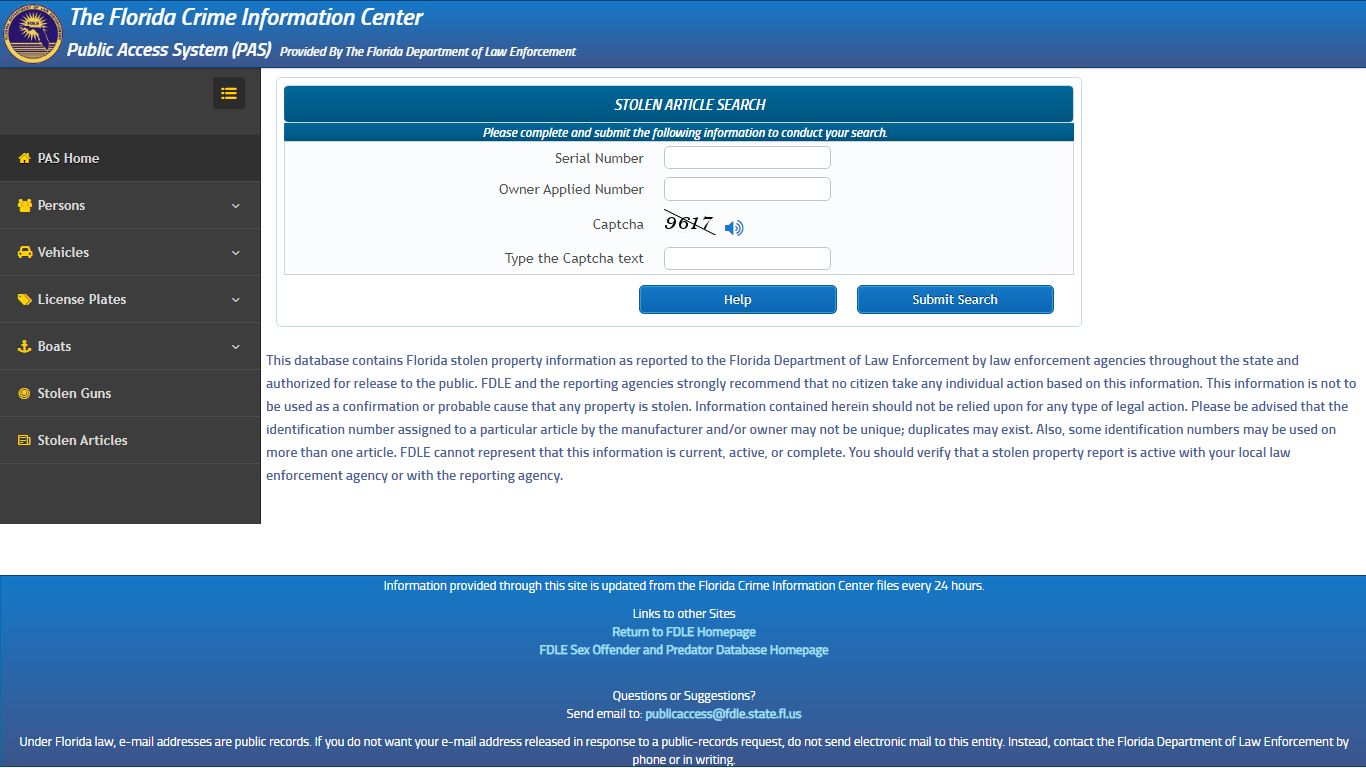STOLEN ARTICLE SEARCH - pas.fdle.state.fl.us